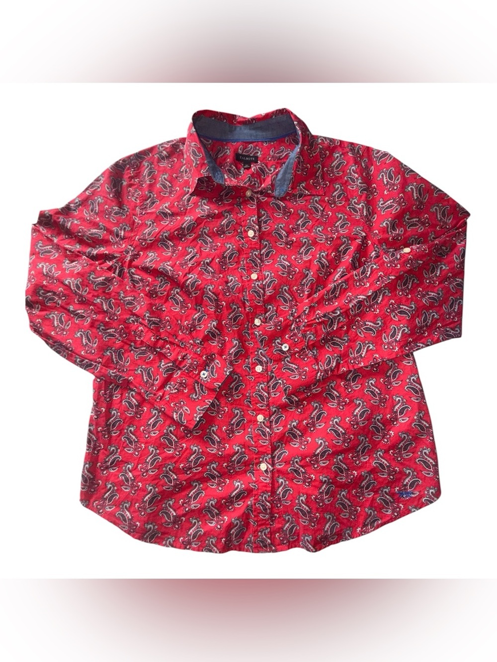 Talbots Size 14 Red Paisley Cotton Button Front Long Sleeve Shirt Blouse Classic - Picture 2 of 9
